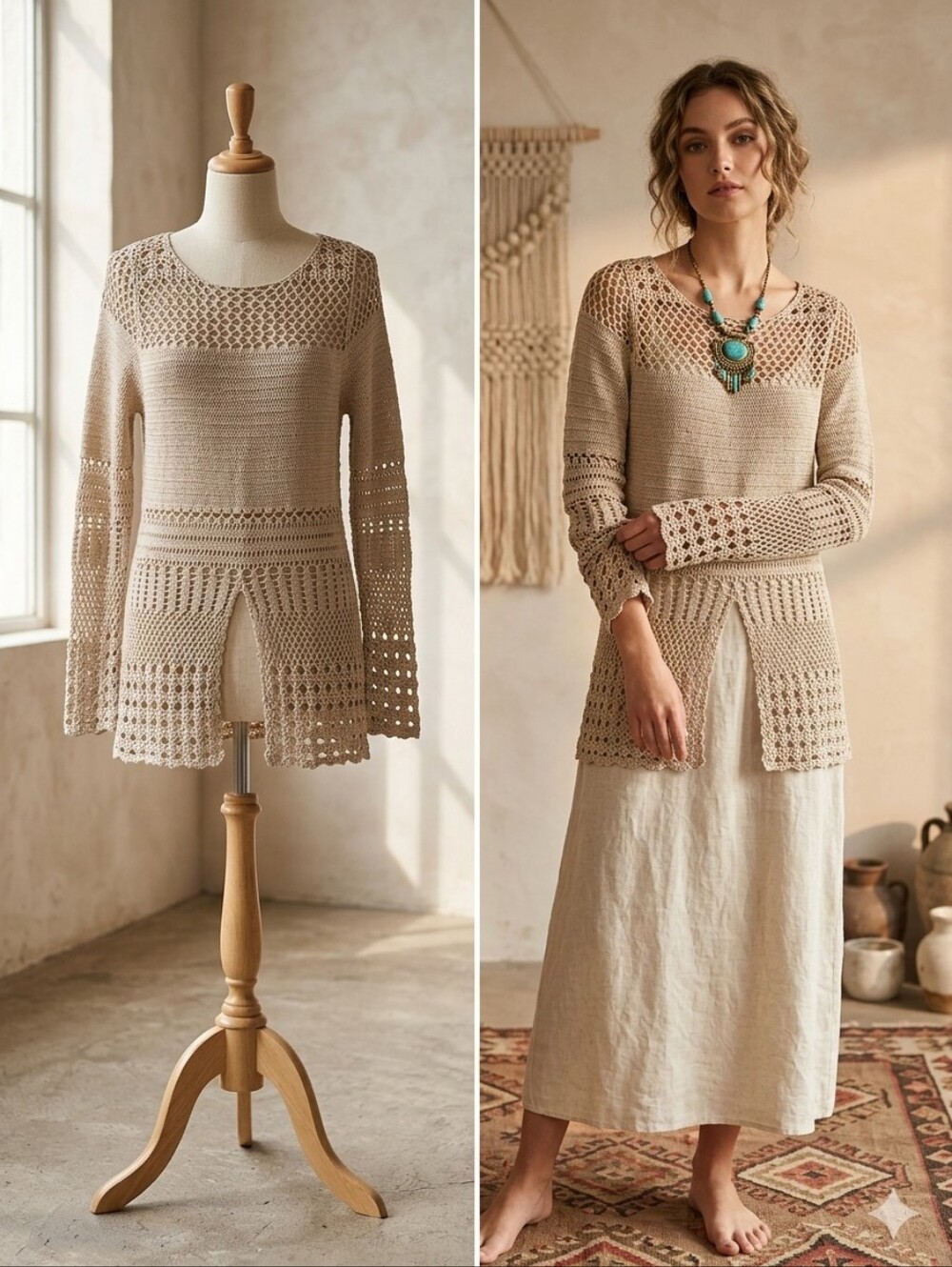 Y2K Vintage Anne. X Beige Crochet Knit Women's Top